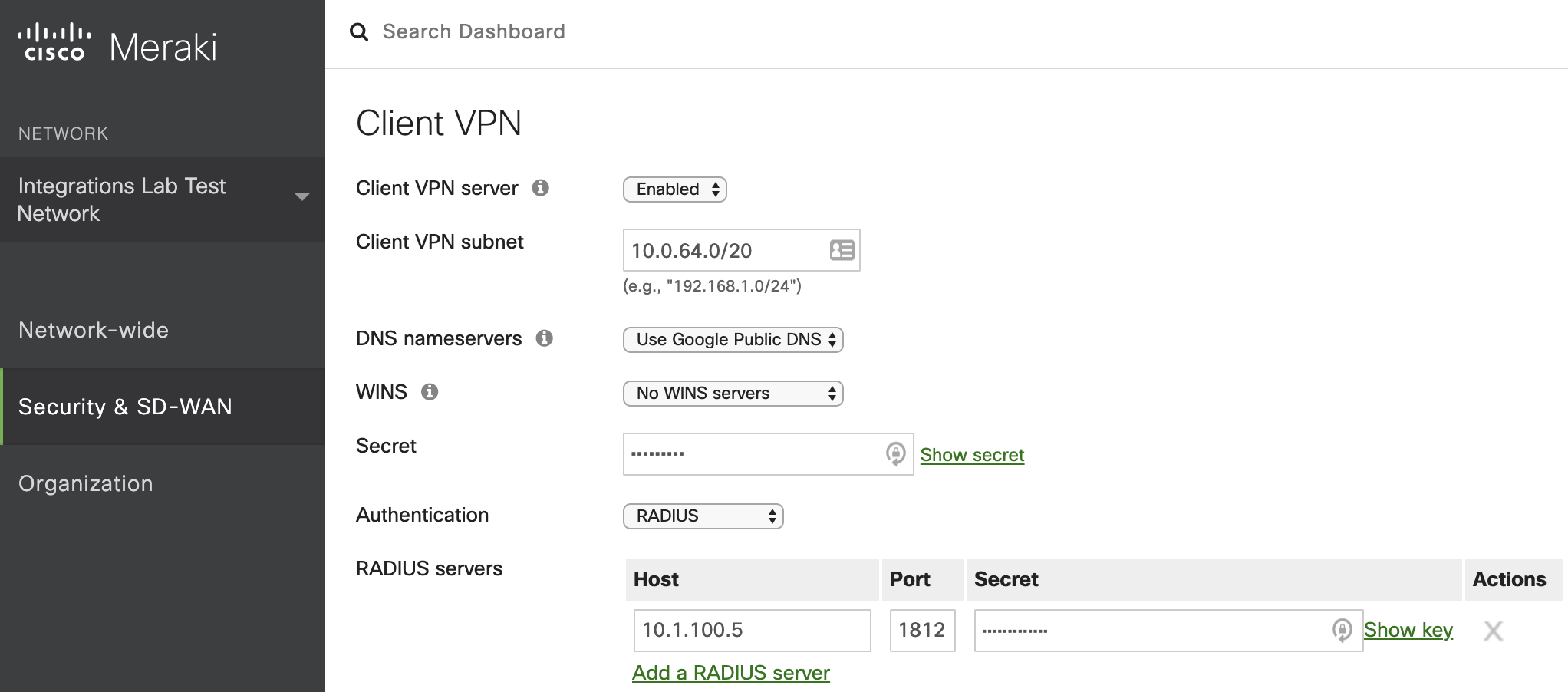 Meraki RADIUS Settings