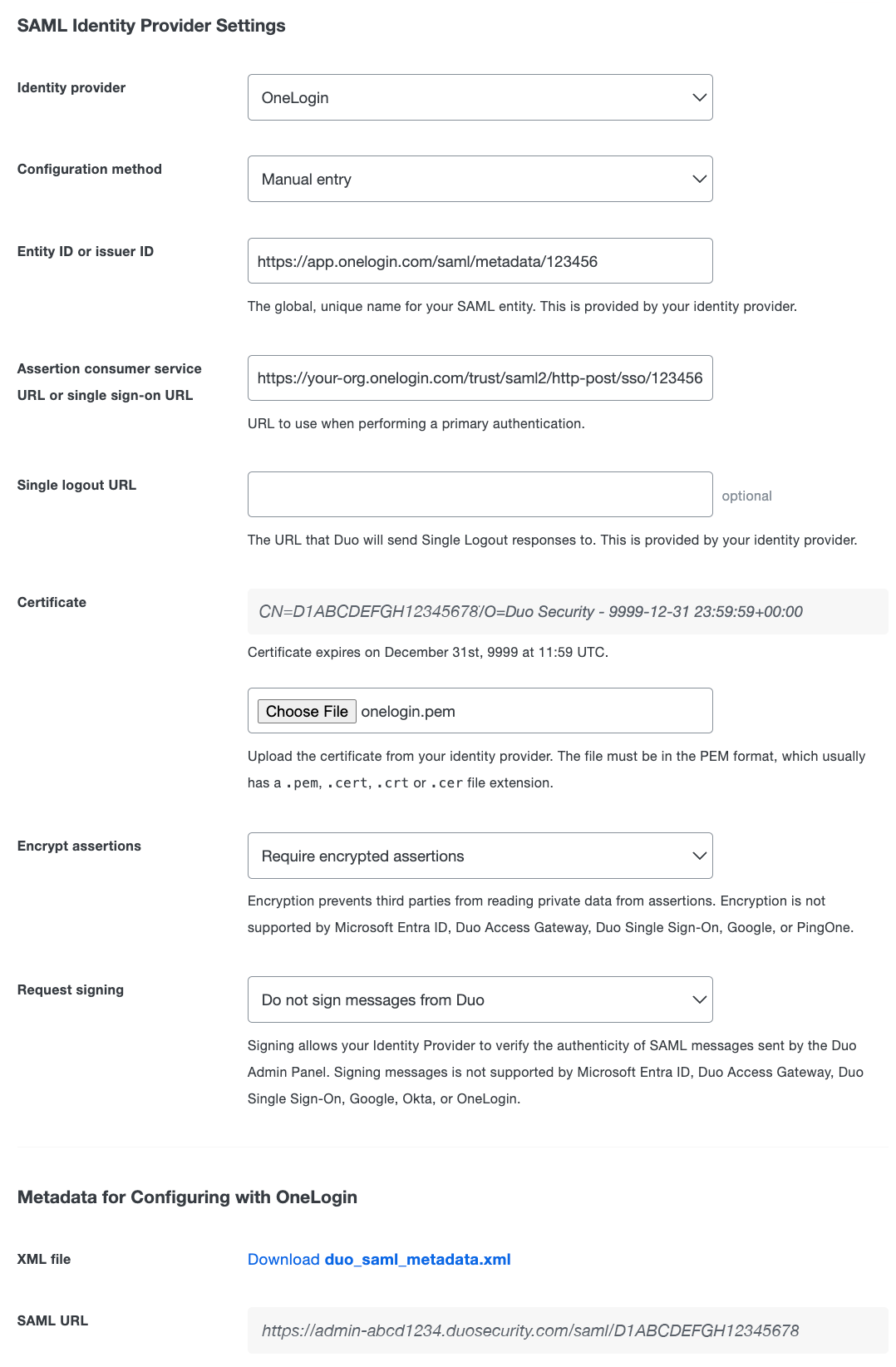 Duo Admin Panel OneLogin SAML Identity Provider Settings