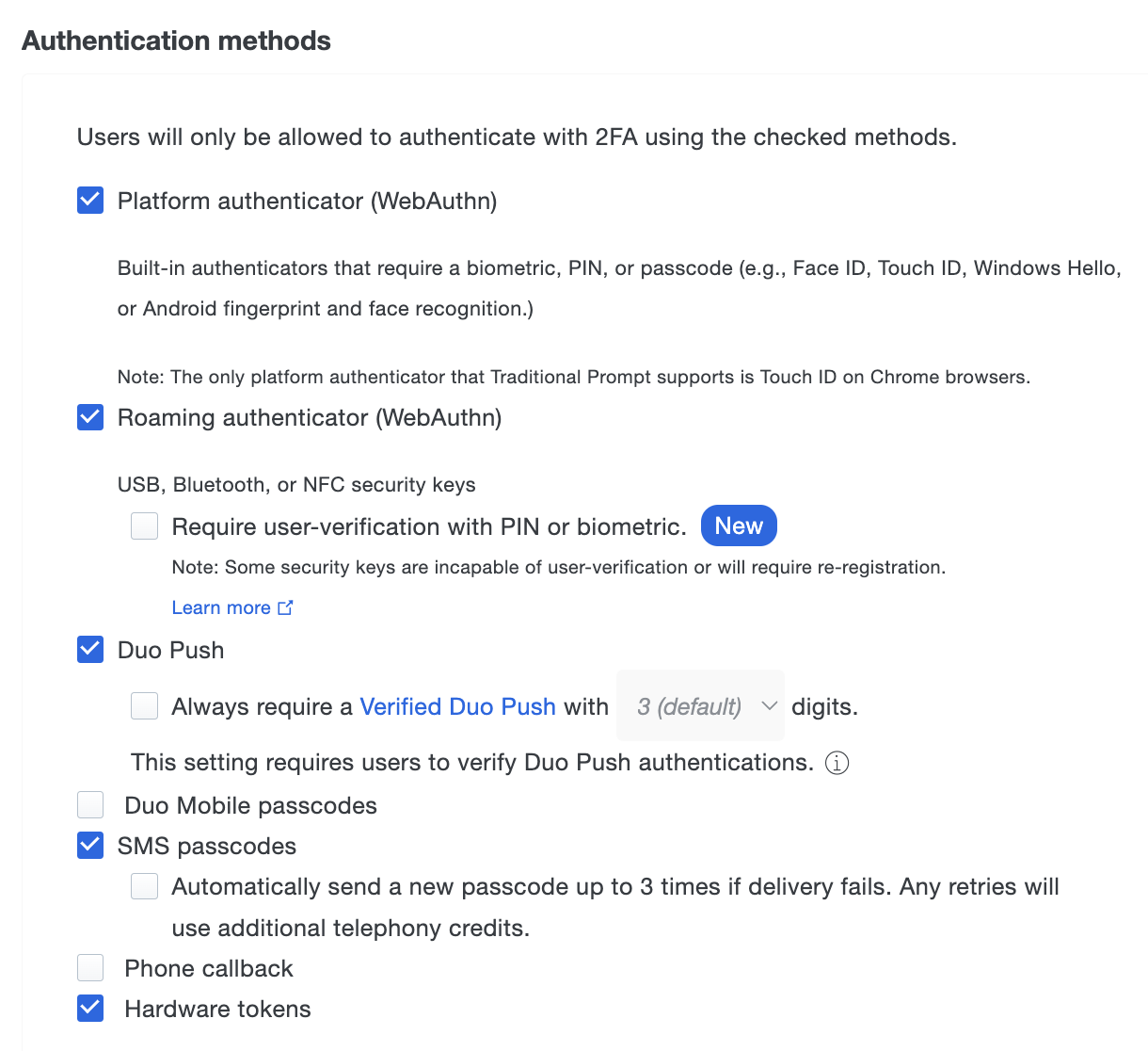 Authentication Methods Settings