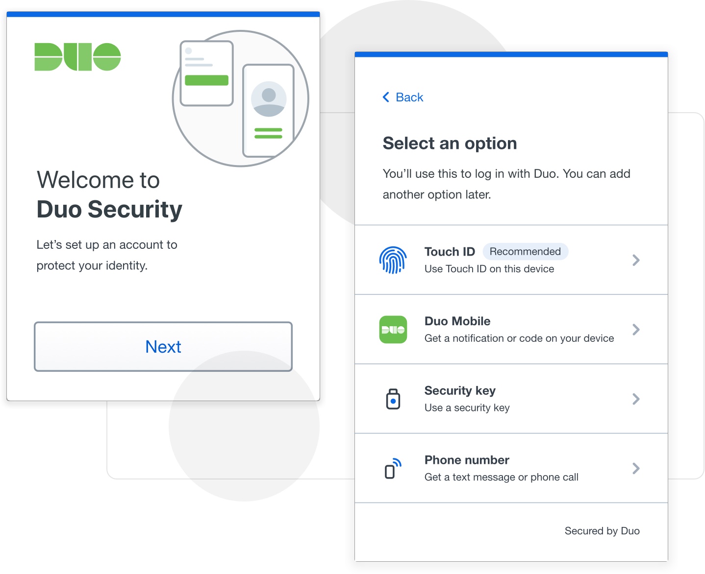 two images of the screens that users see when setting up multi-factor authentication with Cisco Duo