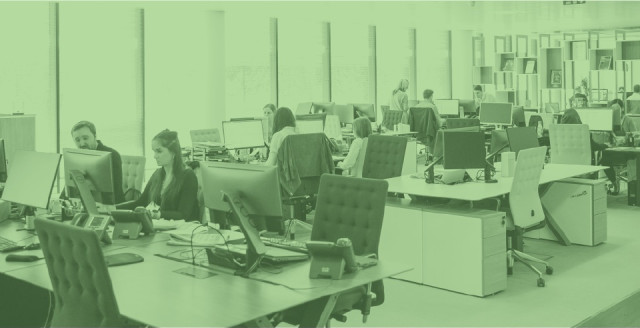 People working in an office, with a Duo green filter overlaying the image