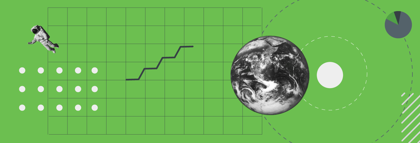 Stylized image of a collage on graph paper, consisting of an astronaut, planet Earth, a pie chart, and a squiggly line