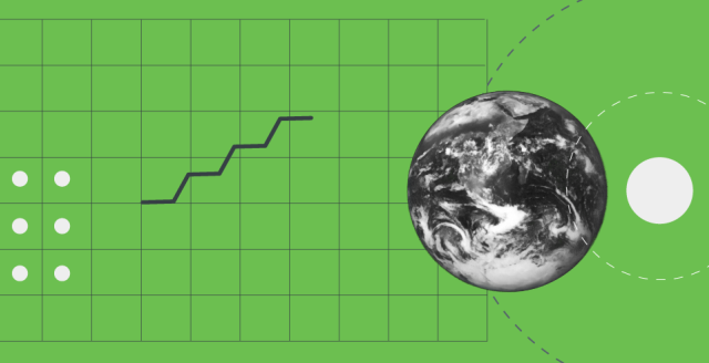 Stylized image of a collage on graph paper, consisting of an astronaut, planet Earth, a pie chart, and a squiggly line