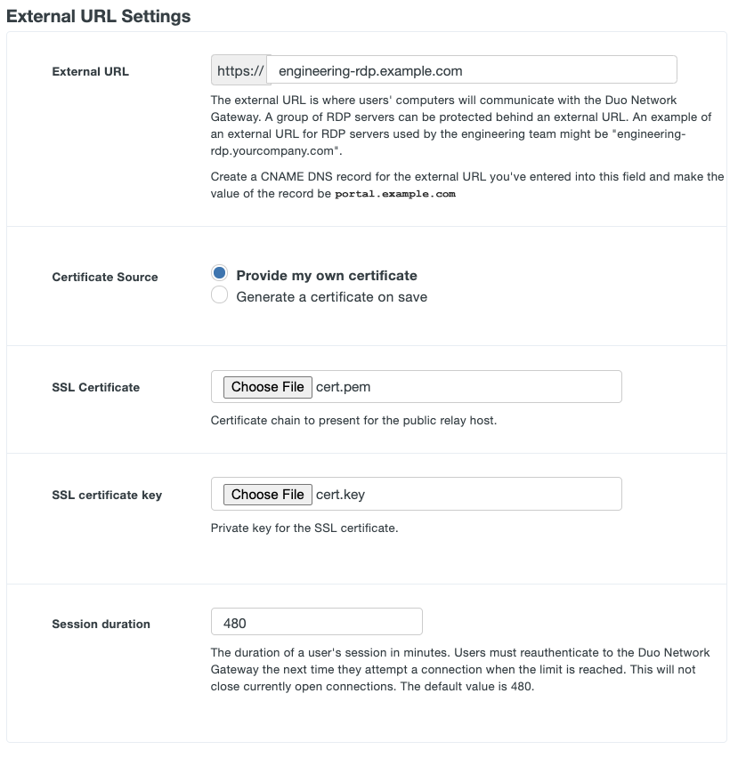 Configure External Website settings for Duo Network Gateway RDP server