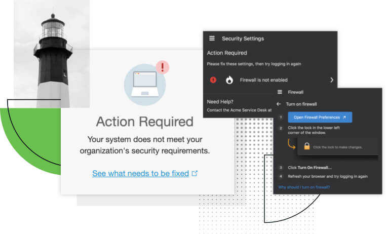 An image that users of Duo will see that indicates that an action is required because their system does not meet security requirements