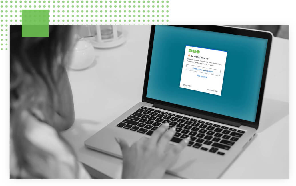 image of a person on a laptop receiving a notification from Duo that Chrome needs an update
