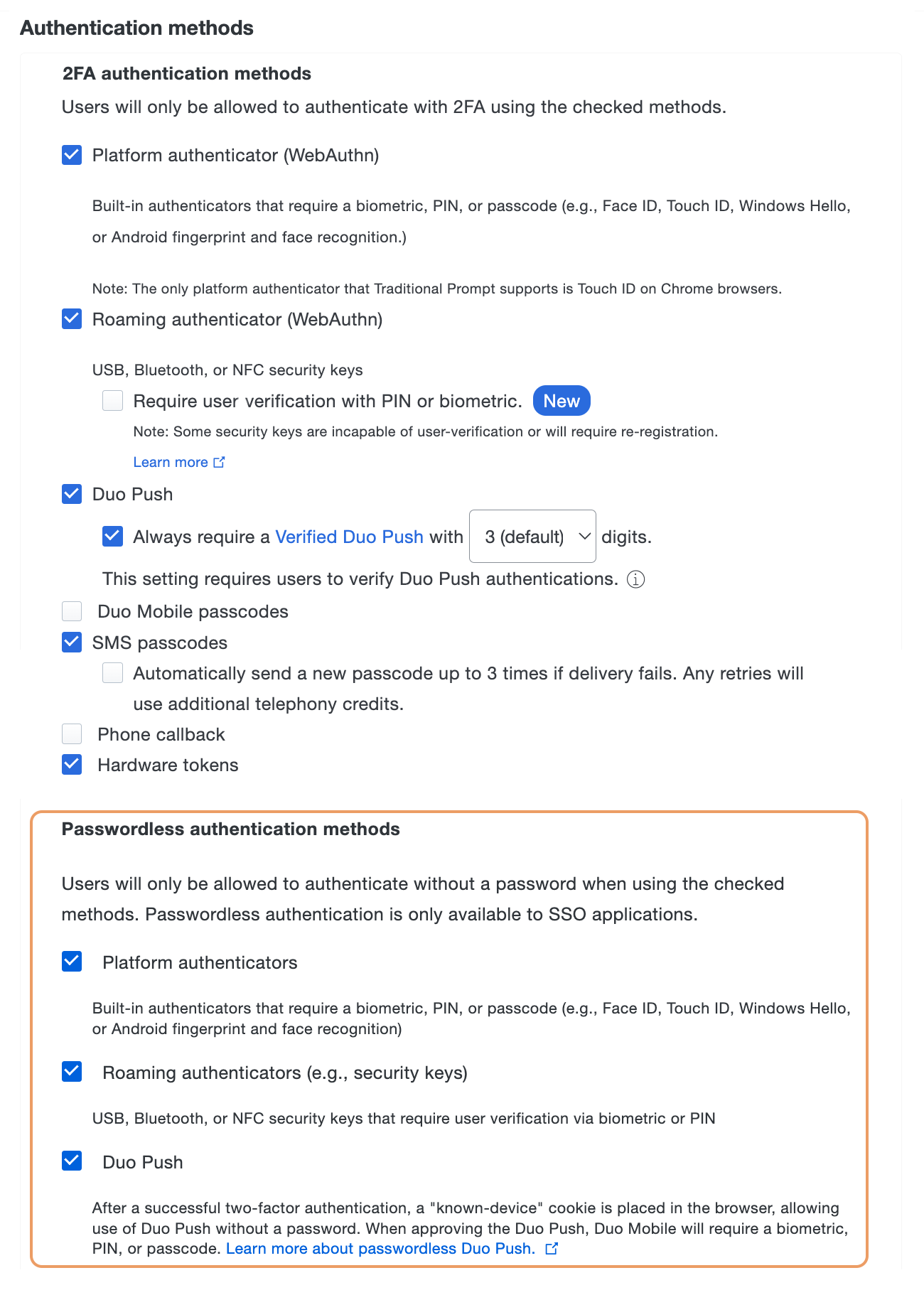 Authentication Methods Settings with Passwordless Activated