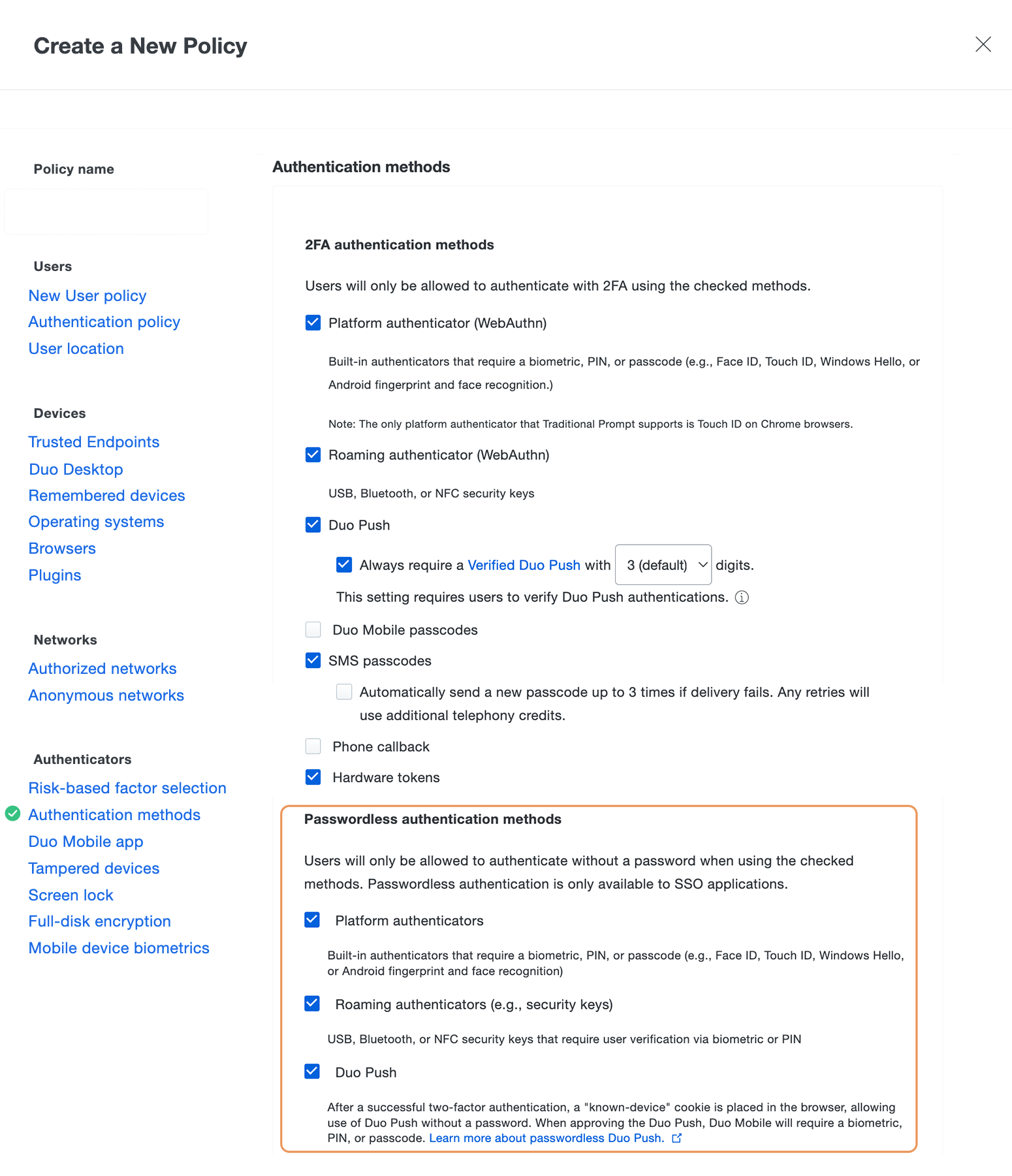 Creating the Passwordless Policy