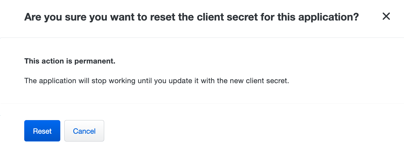 Reset Application Secret Warning
