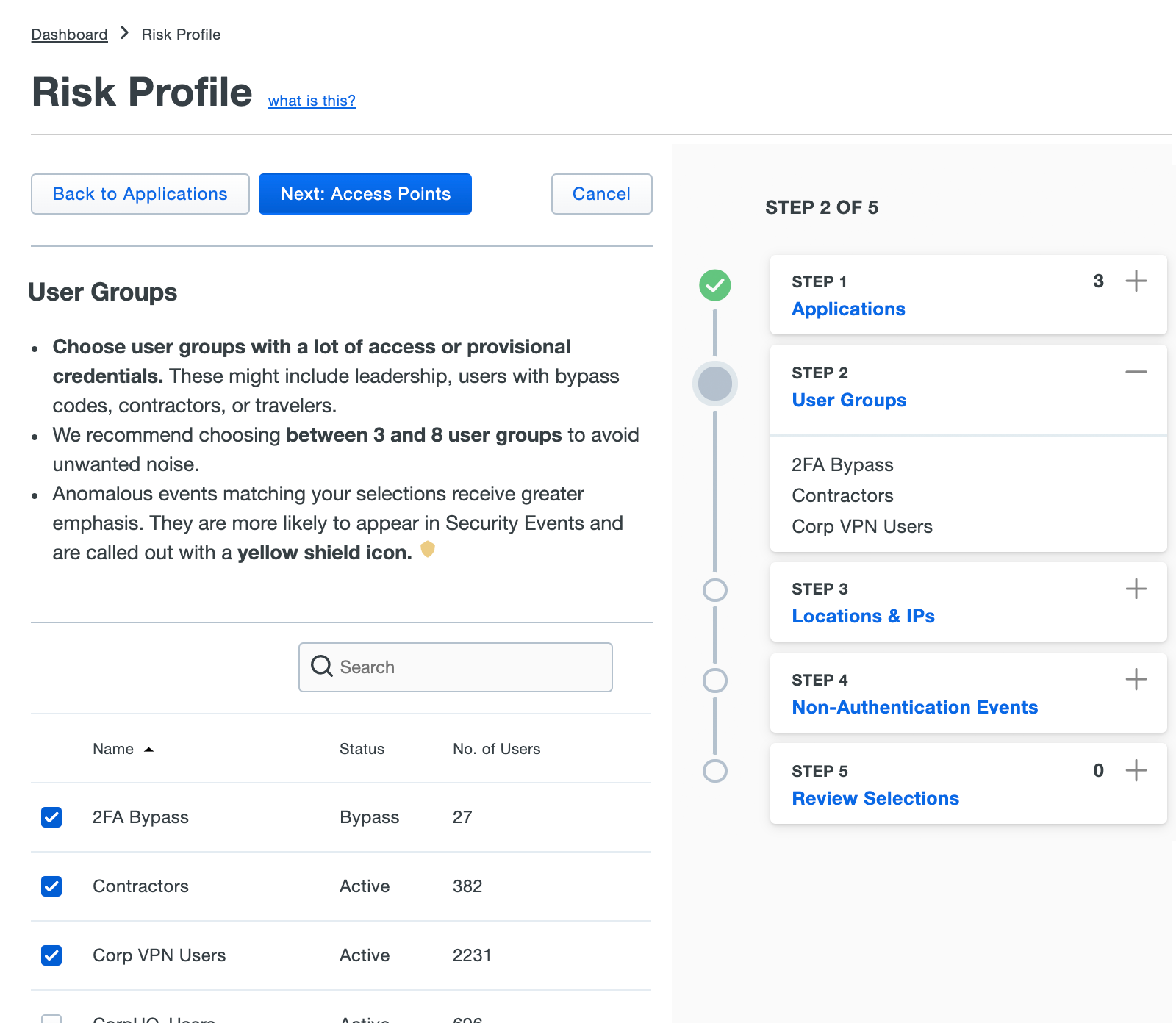 Risk Profile - Selecting Groups