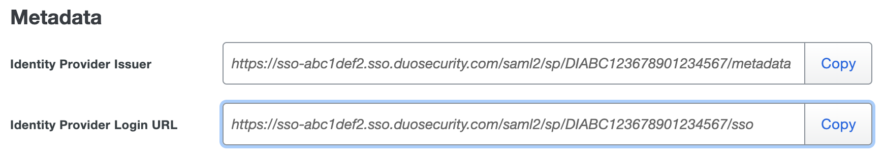 Duo Metadata IdP Issuer and IdP Login URL