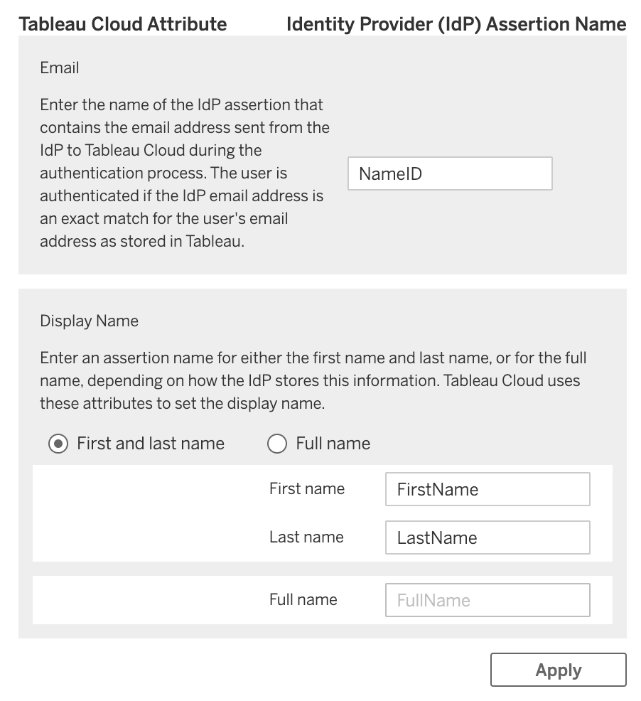 Tableau Online NameID, FirstName, LastName Attributes