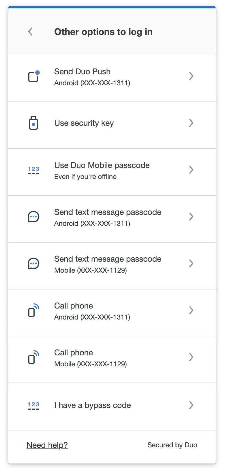 List of Authentication Options in Universal Prompt